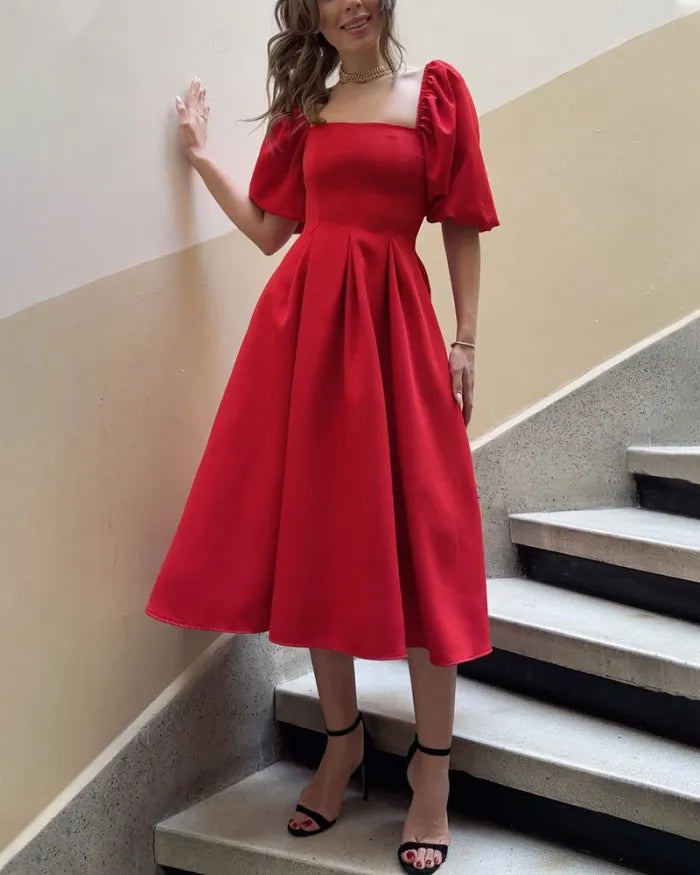 Red square neck bubble sleeve prom dress